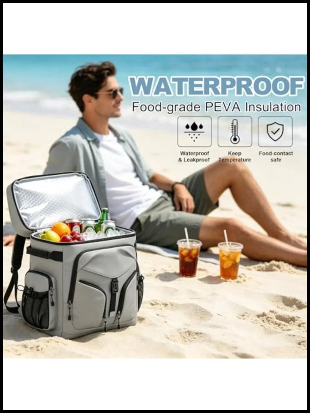 48 Can Insulated Cooler Backpack, Leakproof Double Deck, 30L